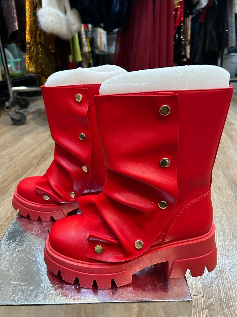 AKIRA Red Chunky Platform Lace-Up Combat Boots - Picture 2 of 6